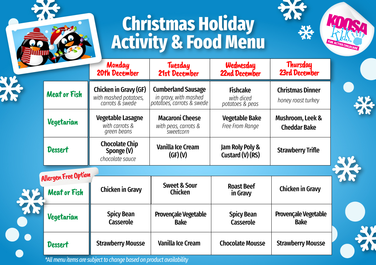 KOOSA Kids Christmas Holiday Activities & Food Programme Menu